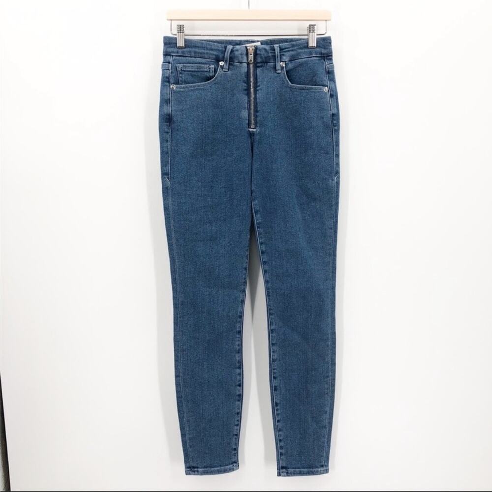 Good American Good Waist Front Zipper Skinny Leg Blue Denim Jeans High Rise NEW